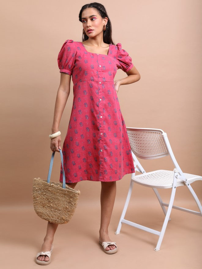 Vishudh Women Pink Printed A-Line Dress - Pink - Image 1