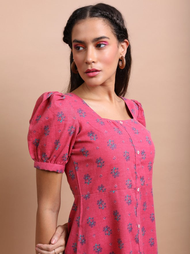Vishudh Women Pink Printed A-Line Dress - Pink - Image 2