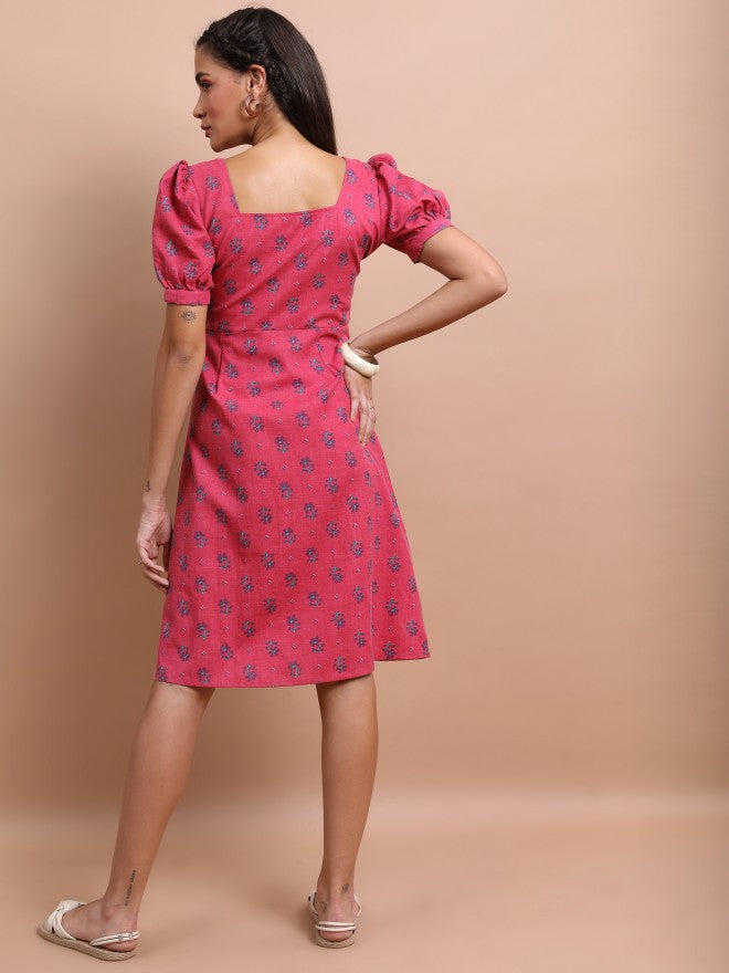 Vishudh Women Pink Printed A-Line Dress - Pink - Image 3