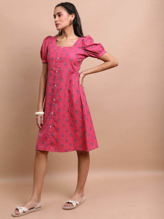 Vishudh Women Pink Printed A-Line Dress - Pink - Image 4