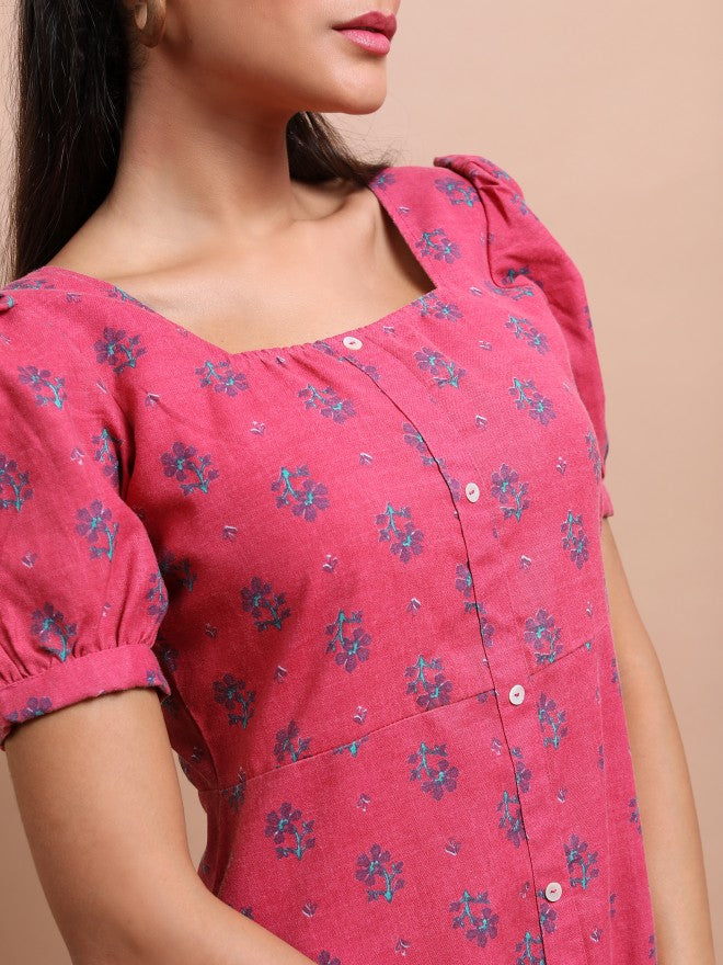 Vishudh Women Pink Printed A-Line Dress - Pink - Image 5