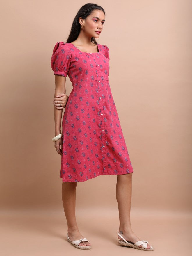 Vishudh Women Pink Printed A-Line Dress - Pink - Image 6