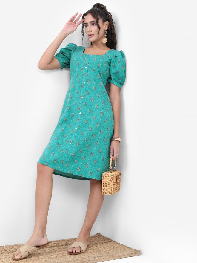 Vishudh Women Turquoise Printed A-Line Dress - Turquoise - Image 1