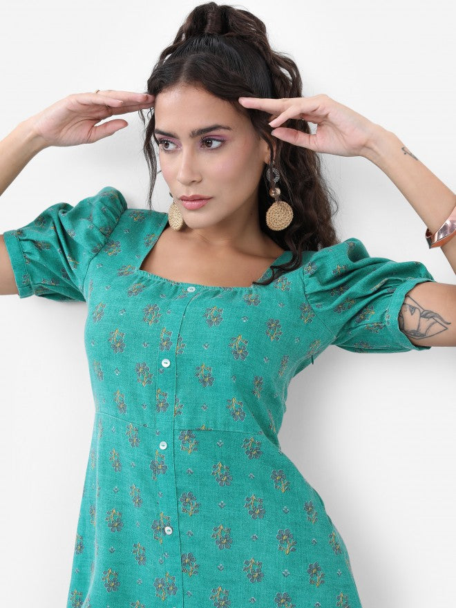 Vishudh Women Turquoise Printed A-Line Dress - Turquoise - Image 2