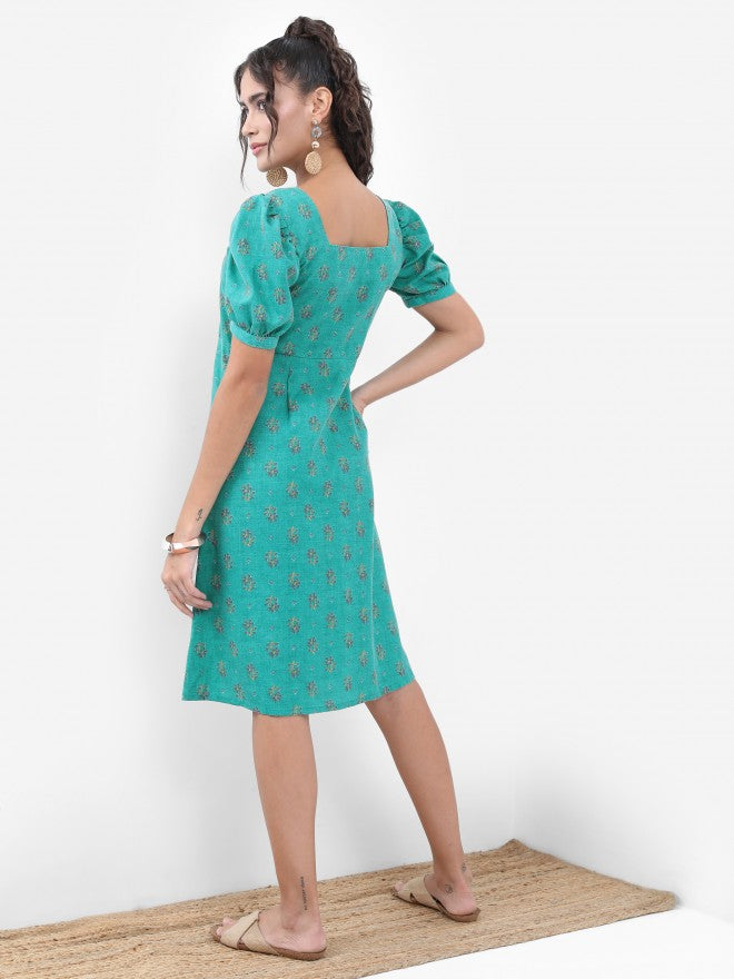 Vishudh Women Turquoise Printed A-Line Dress - Turquoise - Image 3