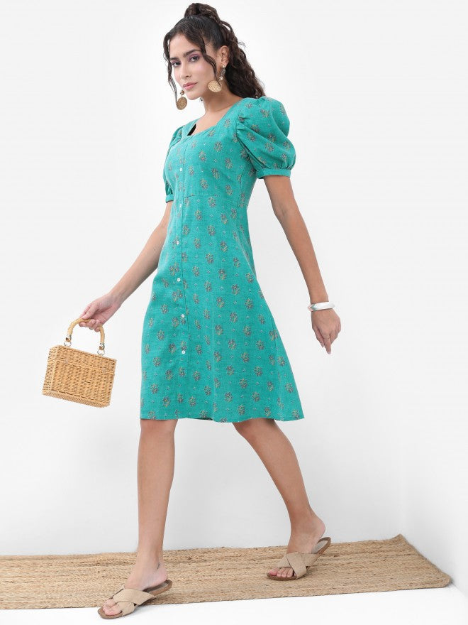 Vishudh Women Turquoise Printed A-Line Dress - Turquoise - Image 4