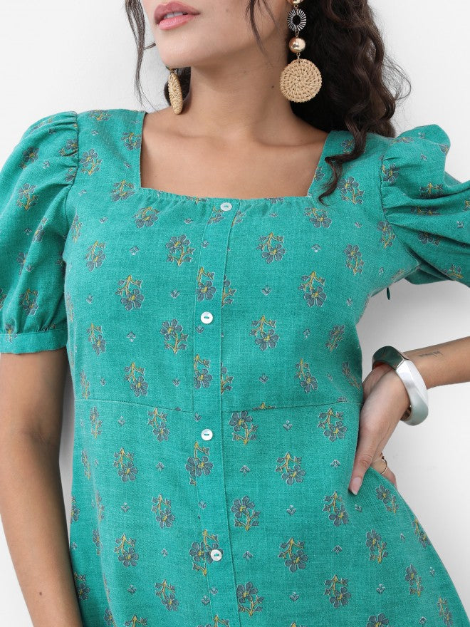 Vishudh Women Turquoise Printed A-Line Dress - Turquoise - Image 5