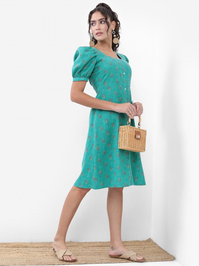 Vishudh Women Turquoise Printed A-Line Dress - Turquoise - Image 6