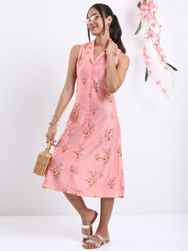 Vishudh women Pink Printed A-Line Dress - Pink - Image 1