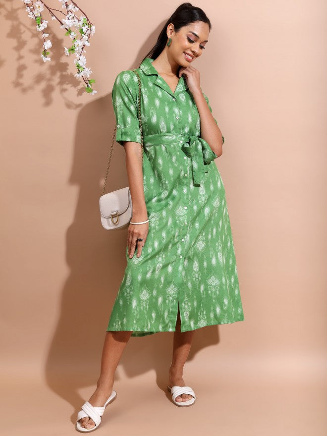 Vishudh Women Green Printed Shirt Dress - Green - Image 1