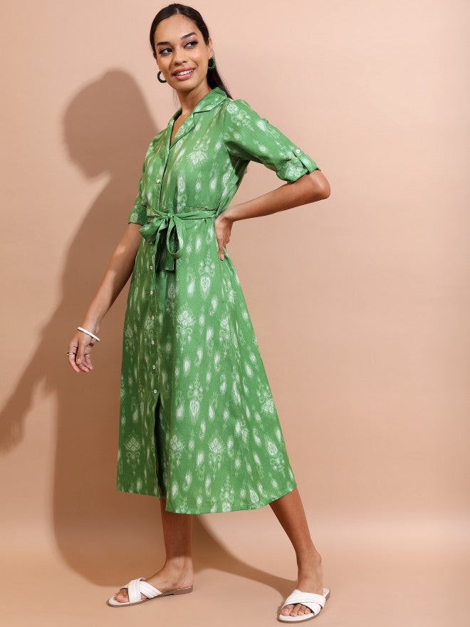 Vishudh Women Green Printed Shirt Dress - Green - Image 2