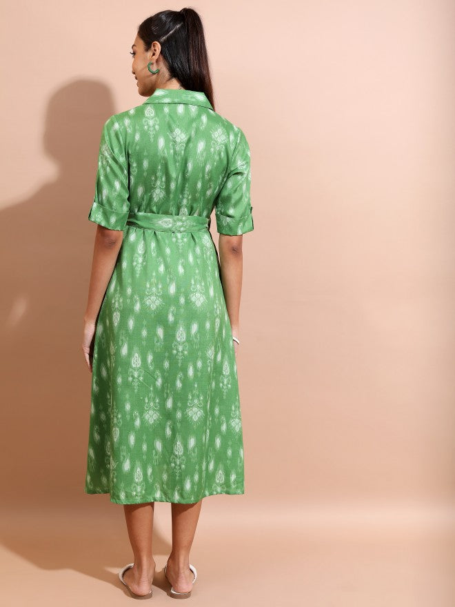 Vishudh Women Green Printed Shirt Dress - Green - Image 3