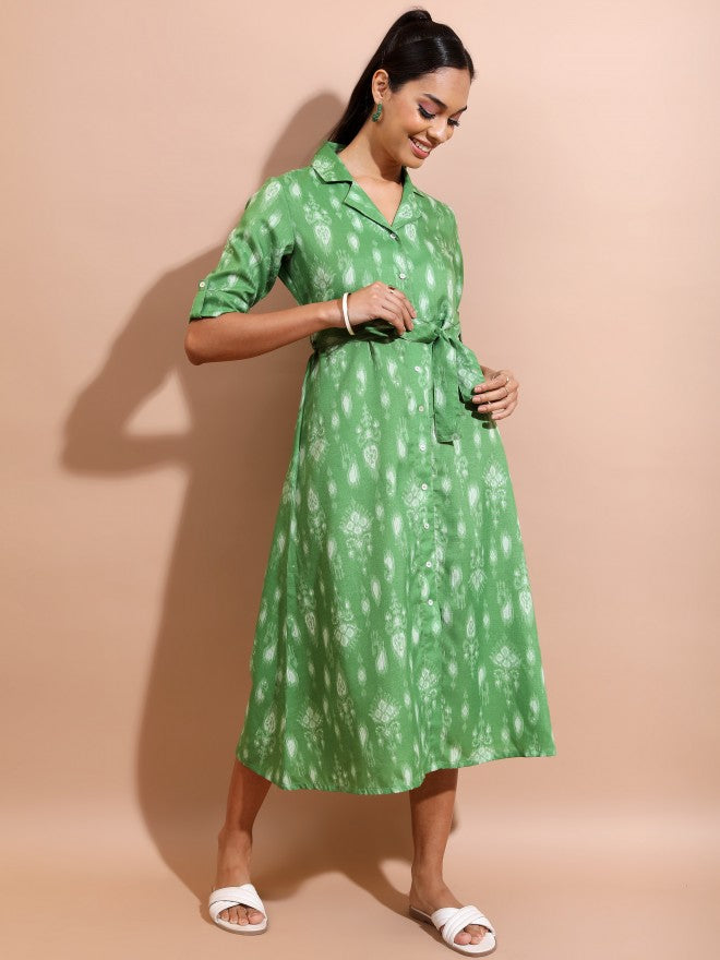 Vishudh Women Green Printed Shirt Dress - Green - Image 5