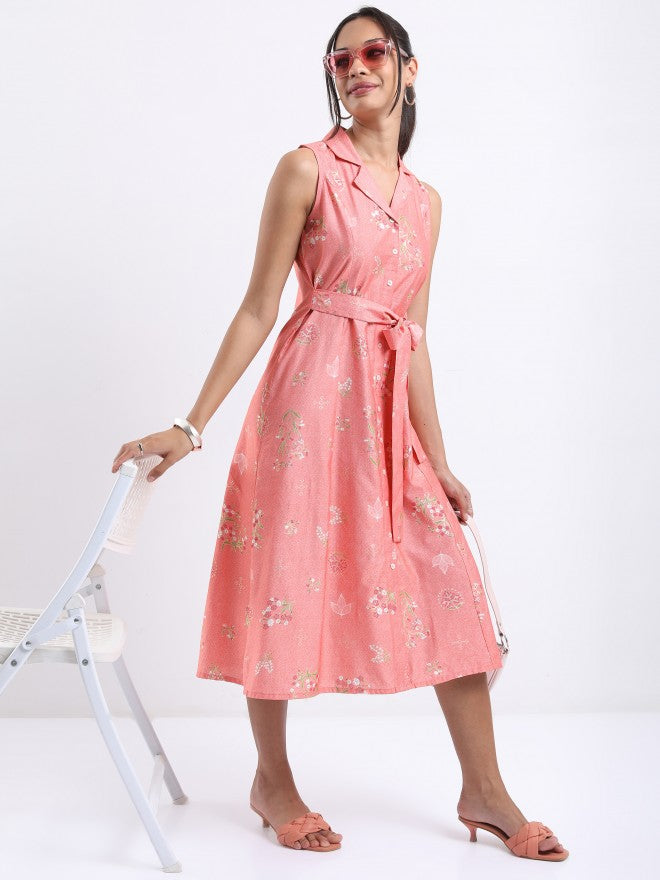 Vishudh women Peach Printed A-Line Dress - Peach - Image 1