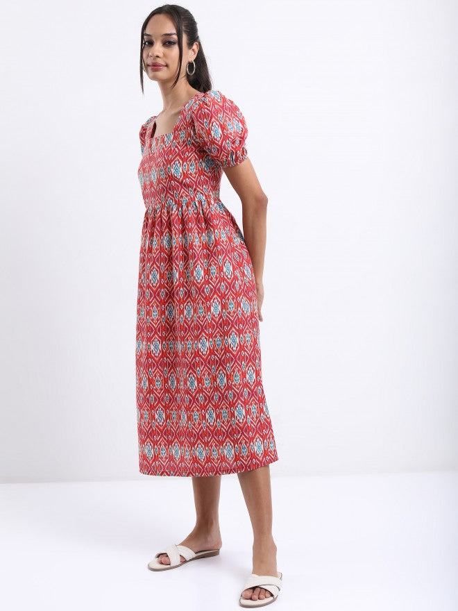 Vishudh Women Rust Printed A-Line Dress - Rust - Image 1