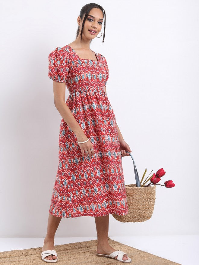 Vishudh Women Rust Printed A-Line Dress - Rust - Image 2