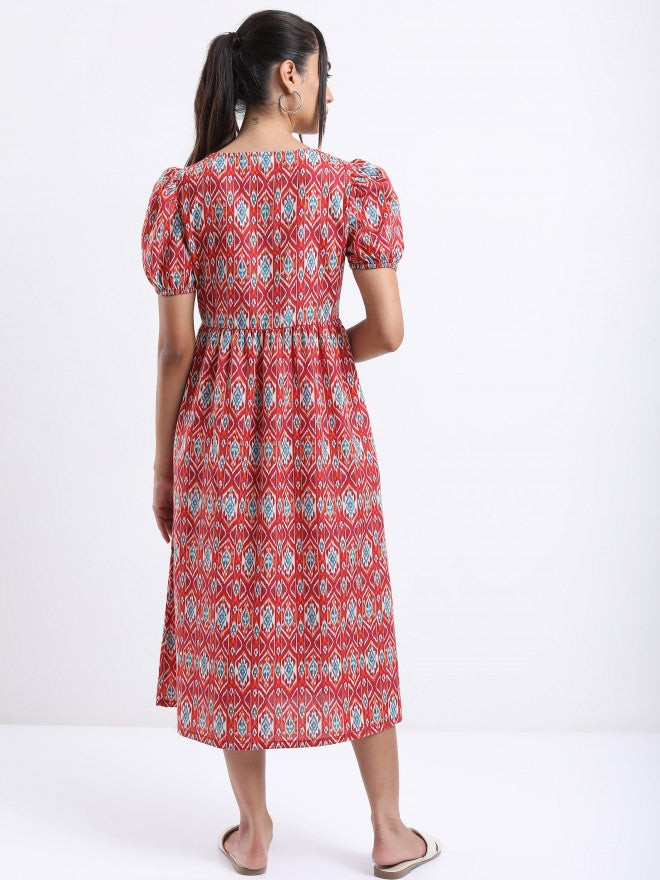 Vishudh Women Rust Printed A-Line Dress - Rust - Image 3