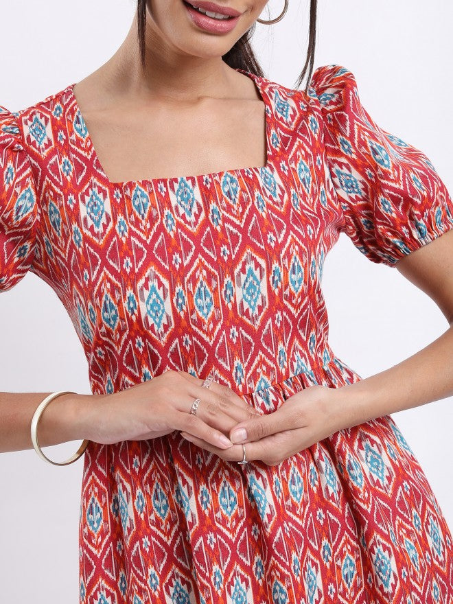 Vishudh Women Rust Printed A-Line Dress - Rust - Image 4