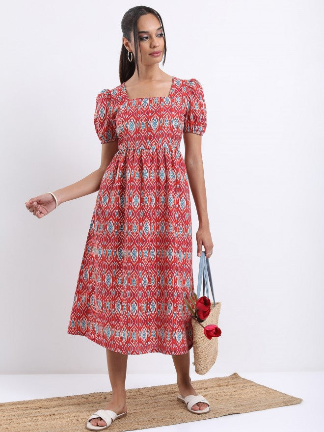 Vishudh Women Rust Printed A-Line Dress - Rust - Image 5