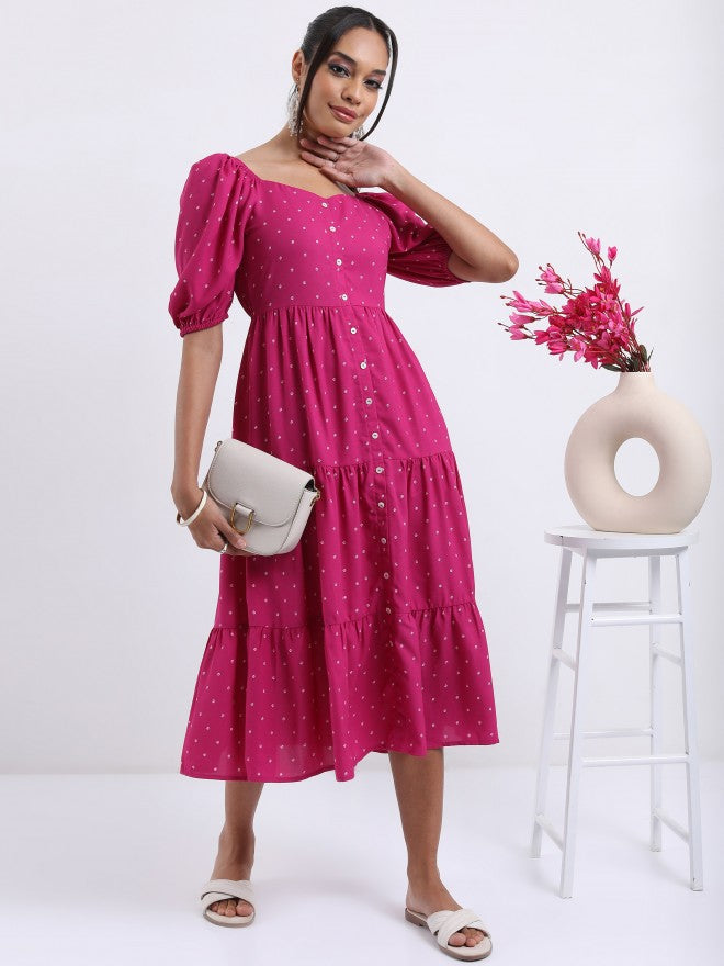 Vishudh Women Magenta Printed A-Line Dress - Magenta - Image 1