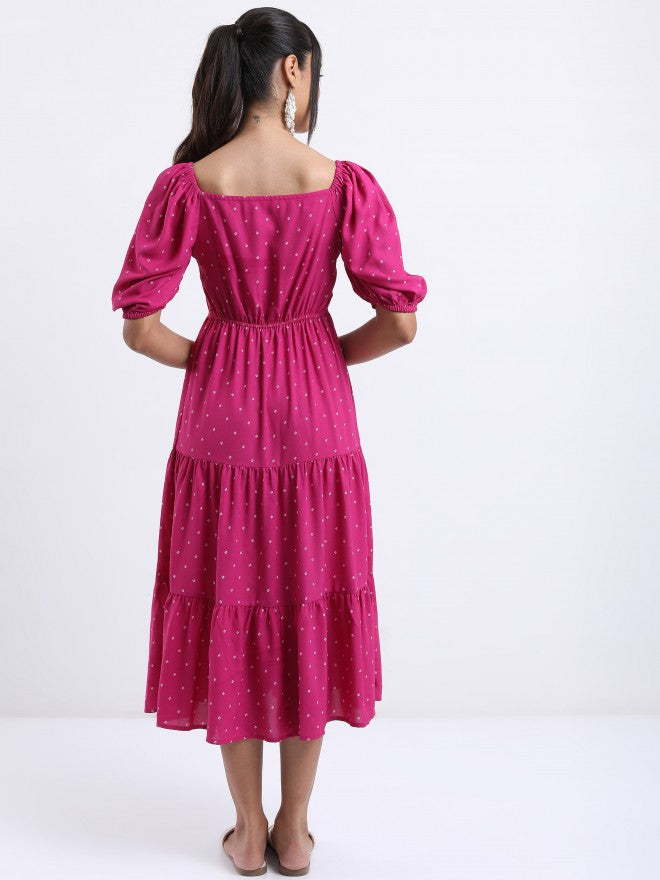 Vishudh Women Magenta Printed A-Line Dress - Magenta - Image 3