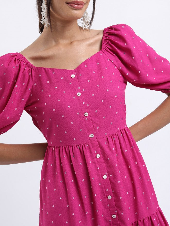 Vishudh Women Magenta Printed A-Line Dress - Magenta - Image 4