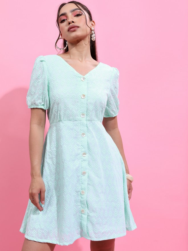 Vishudh Women Green Self Design A-Line Dress - Green - Image 1