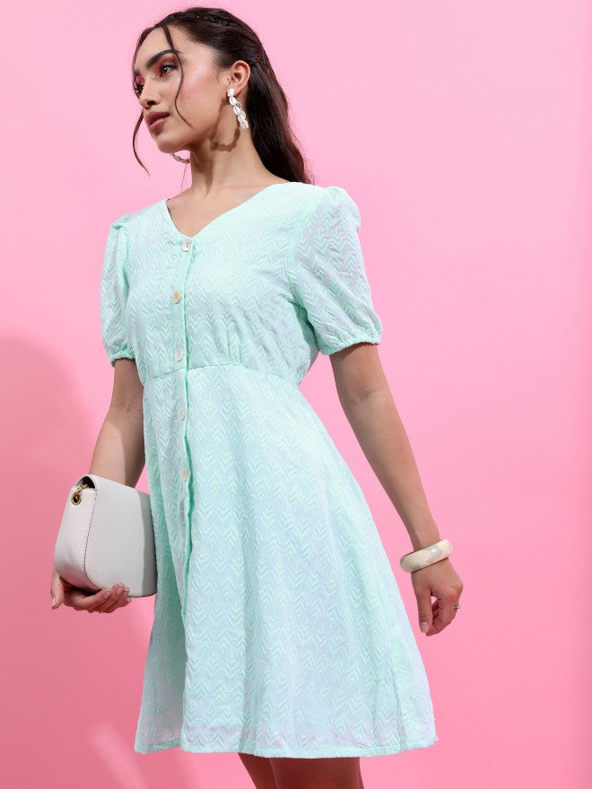 Vishudh Women Green Self Design A-Line Dress - Green - Image 4
