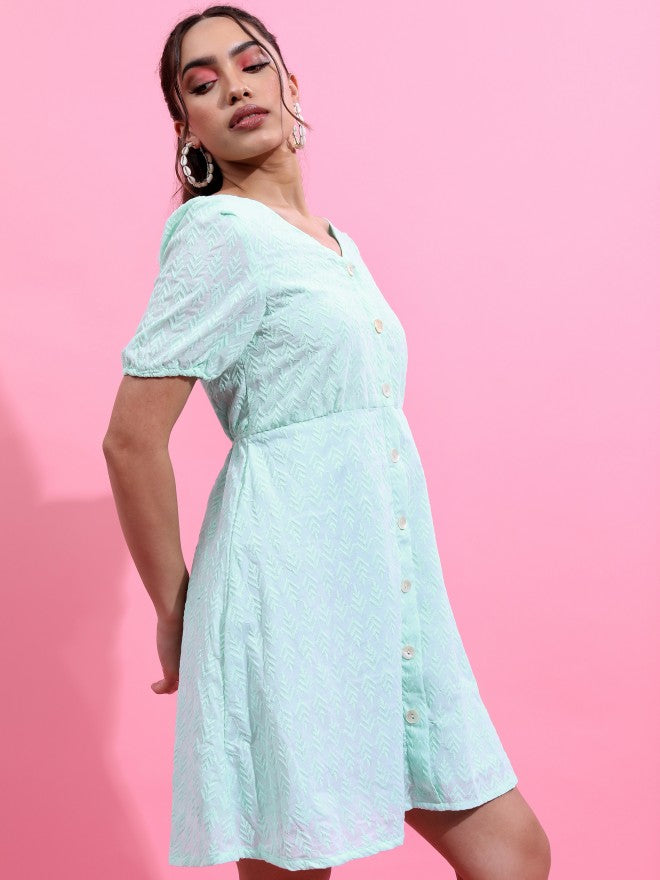 Vishudh Women Green Self Design A-Line Dress - Green - Image 6