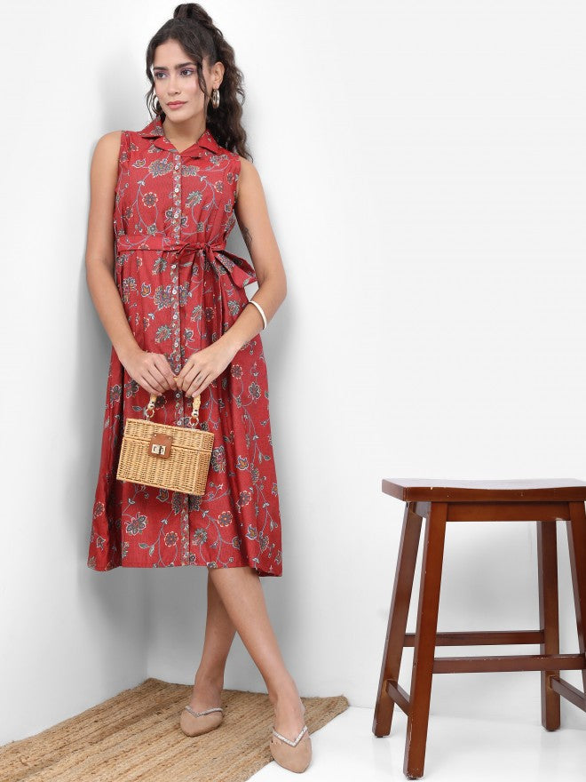 Vishudh Women Red Printed Shirt Dress - Red - Image 1