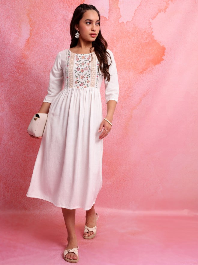 Vishudh Women Off White Printed A-Line Dress - Off White - Image 1