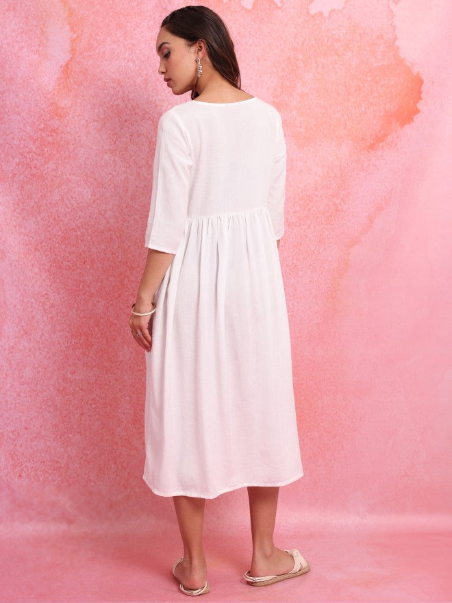 Vishudh Women Off White Printed A-Line Dress - Off White - Image 3