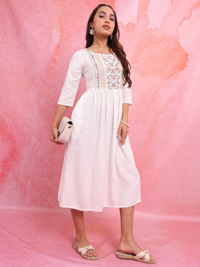 Vishudh Women Off White Printed A-Line Dress - Off White - Image 4