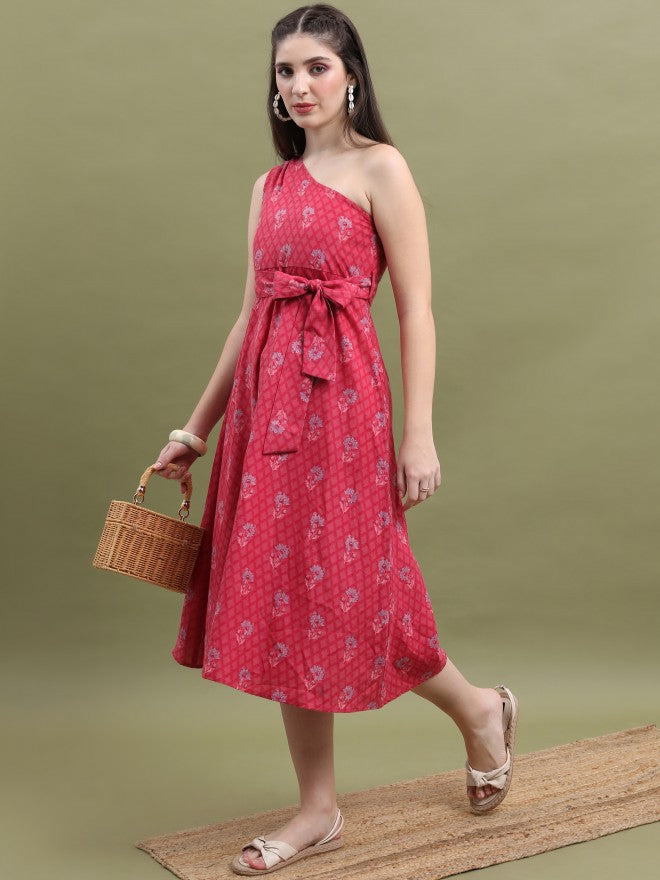 Vishudh Women Pink Printed A-Line Dress - Pink - Image 1