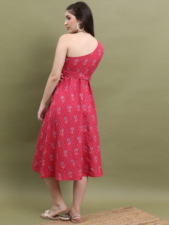 Vishudh Women Pink Printed A-Line Dress - Pink - Image 3