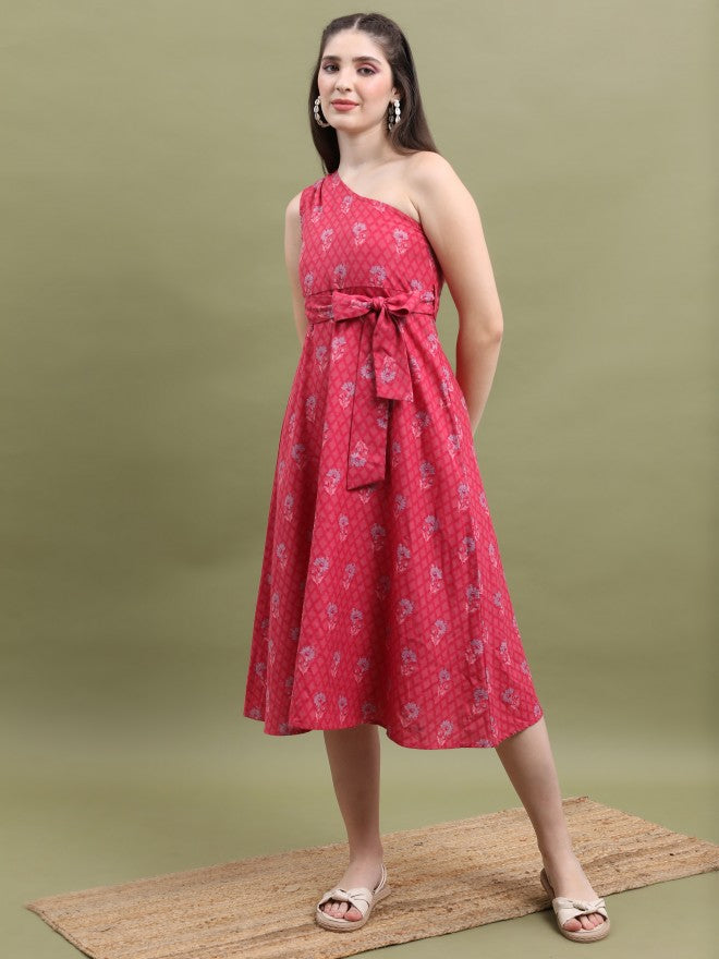 Vishudh Women Pink Printed A-Line Dress - Pink - Image 4