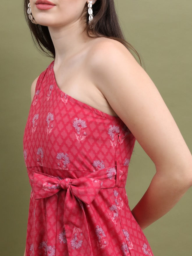 Vishudh Women Pink Printed A-Line Dress - Pink - Image 5