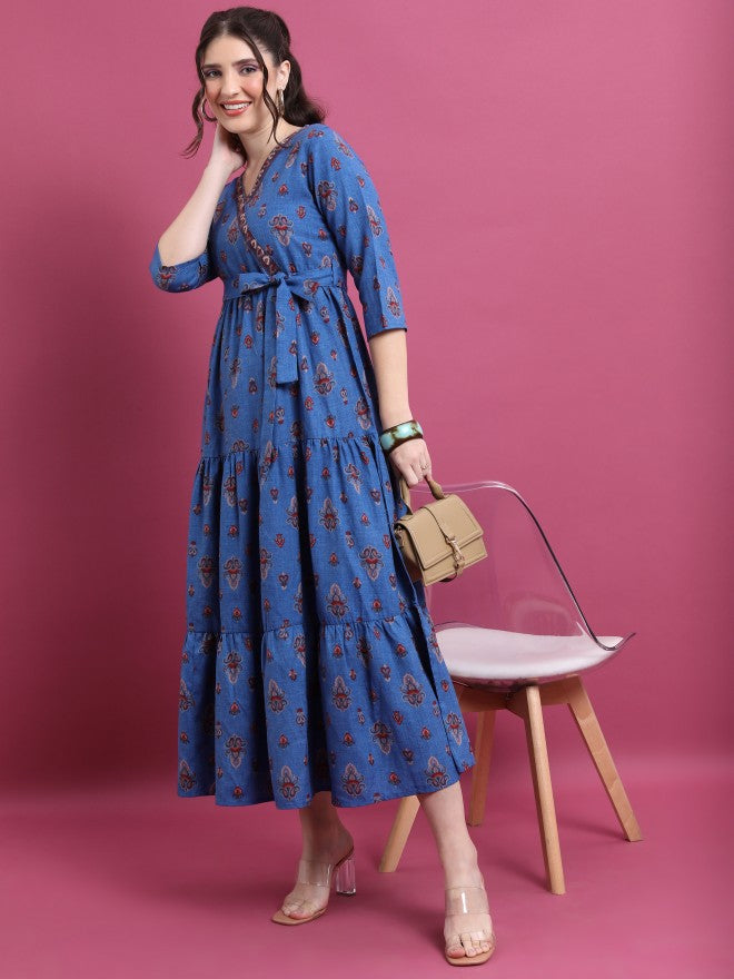 Vishudh Women Blue Printed Maxi Dress - Blue - Image 1