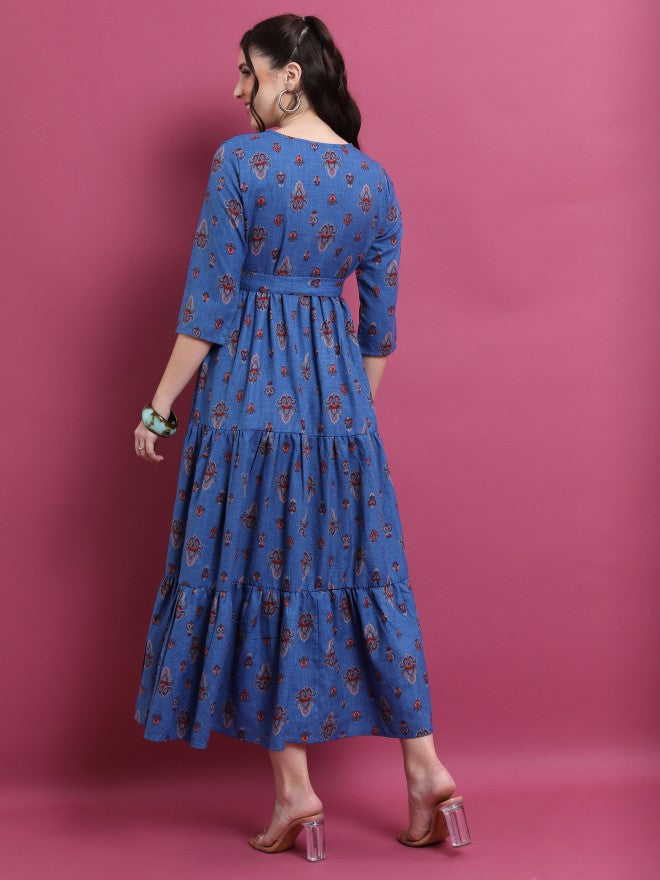 Vishudh Women Blue Printed Maxi Dress - Blue - Image 3