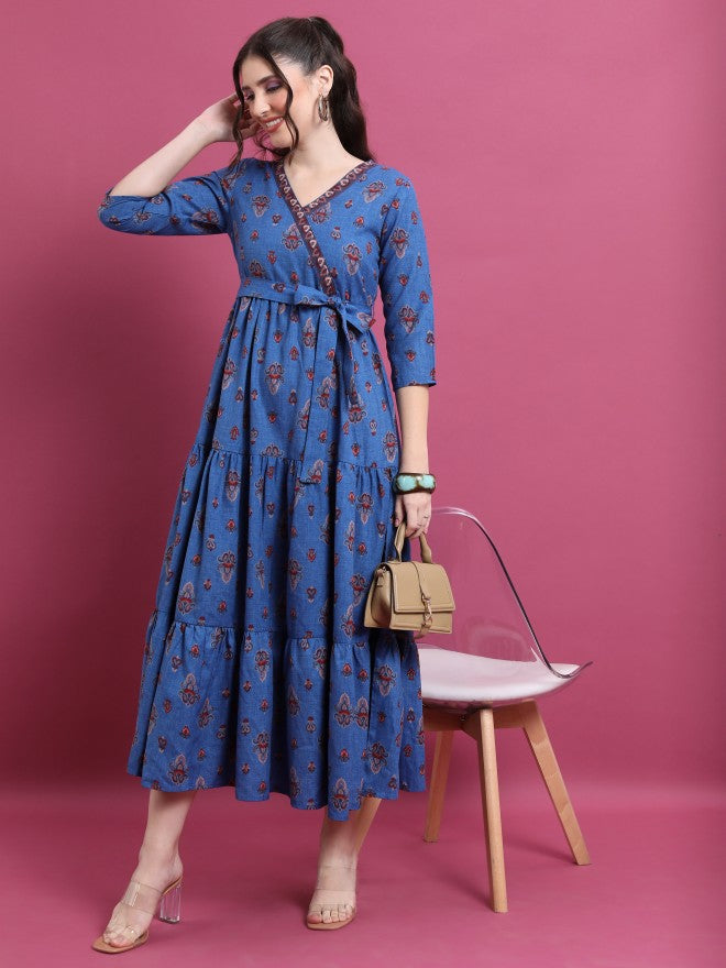 Vishudh Women Blue Printed Maxi Dress - Blue - Image 4