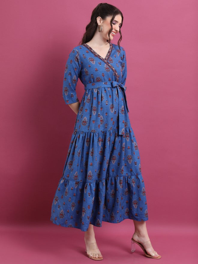 Vishudh Women Blue Printed Maxi Dress - Blue - Image 6