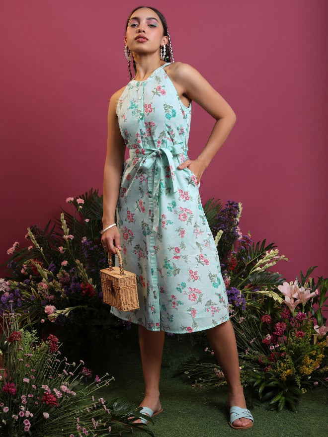 Vishudh Women Aqua/Pink Printed Shirt Dress - Blue - Image 1