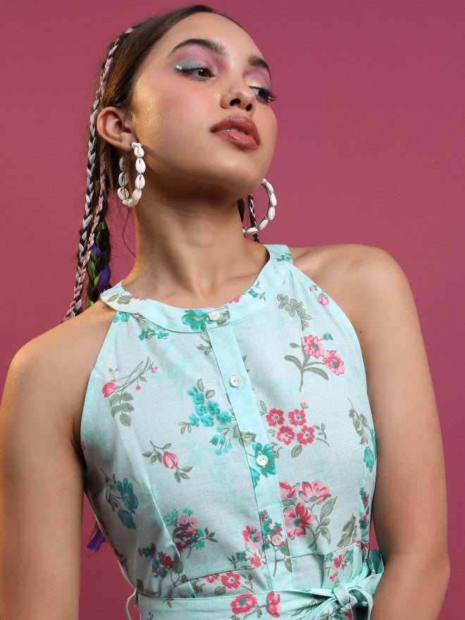 Vishudh Women Aqua/Pink Printed Shirt Dress - Blue - Image 2