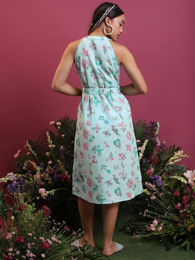 Vishudh Women Aqua/Pink Printed Shirt Dress - Blue - Image 3