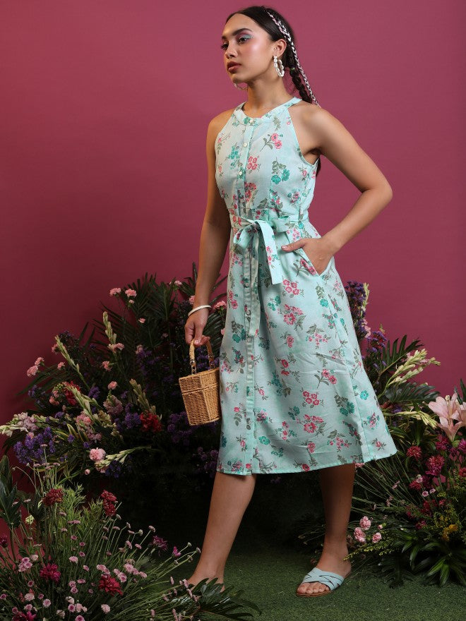 Vishudh Women Aqua/Pink Printed Shirt Dress - Blue - Image 4