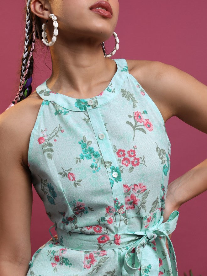 Vishudh Women Aqua/Pink Printed Shirt Dress - Blue - Image 5