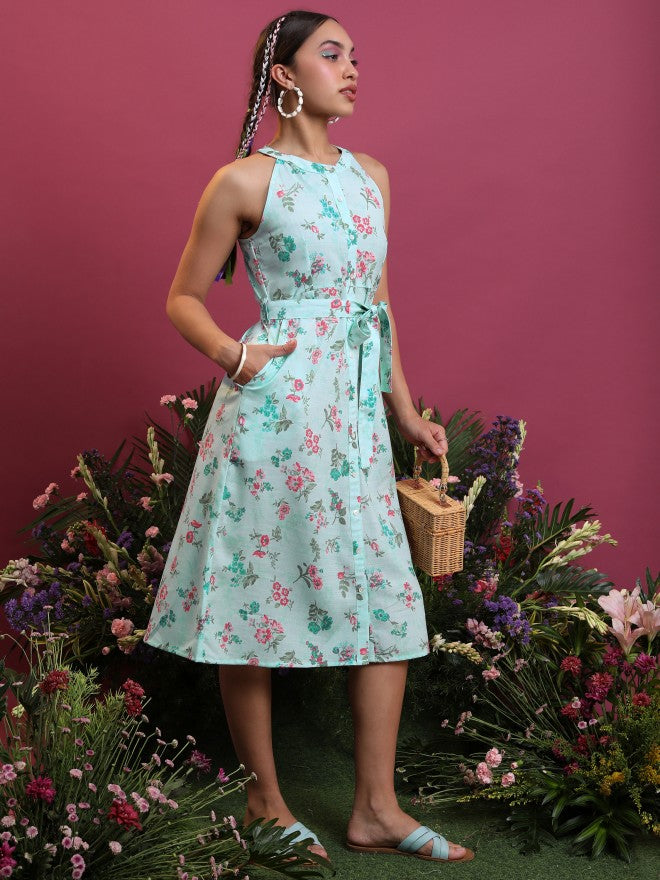 Vishudh Women Aqua/Pink Printed Shirt Dress - Blue - Image 6