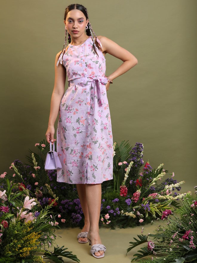 Vishudh Women Lavender Printed Shirt Dress - Lavender - Image 4