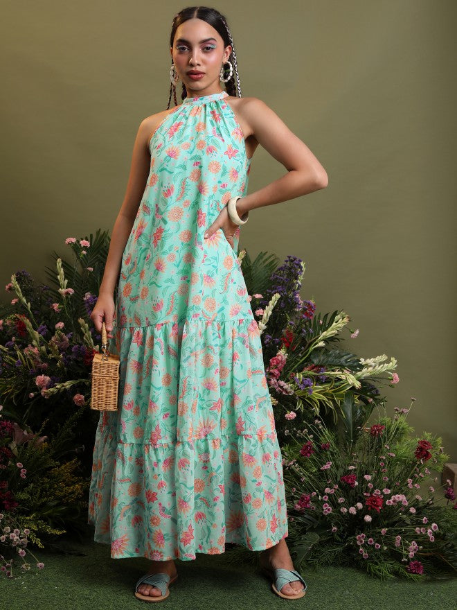Vishudh Women Aqua Printed Maxi Dress - Blue - Image 1