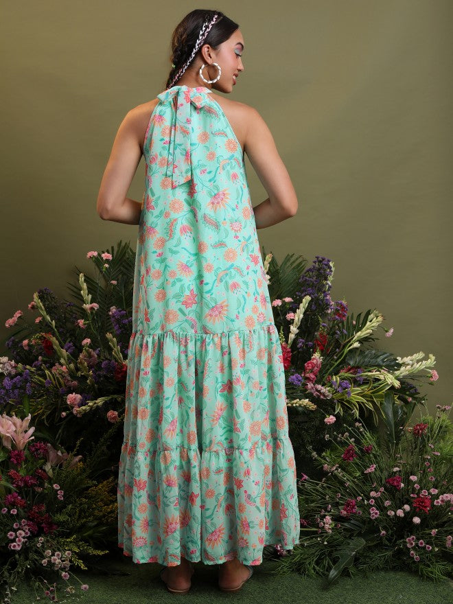 Vishudh Women Aqua Printed Maxi Dress - Blue - Image 3